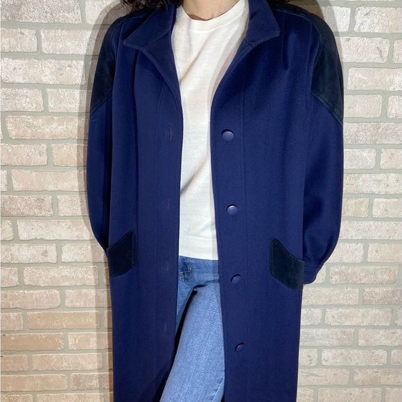 VTG Fashions by Jill 100% Pure Wool Full Length Coat - Navy w/ Suede Details - Picture 2 of 11